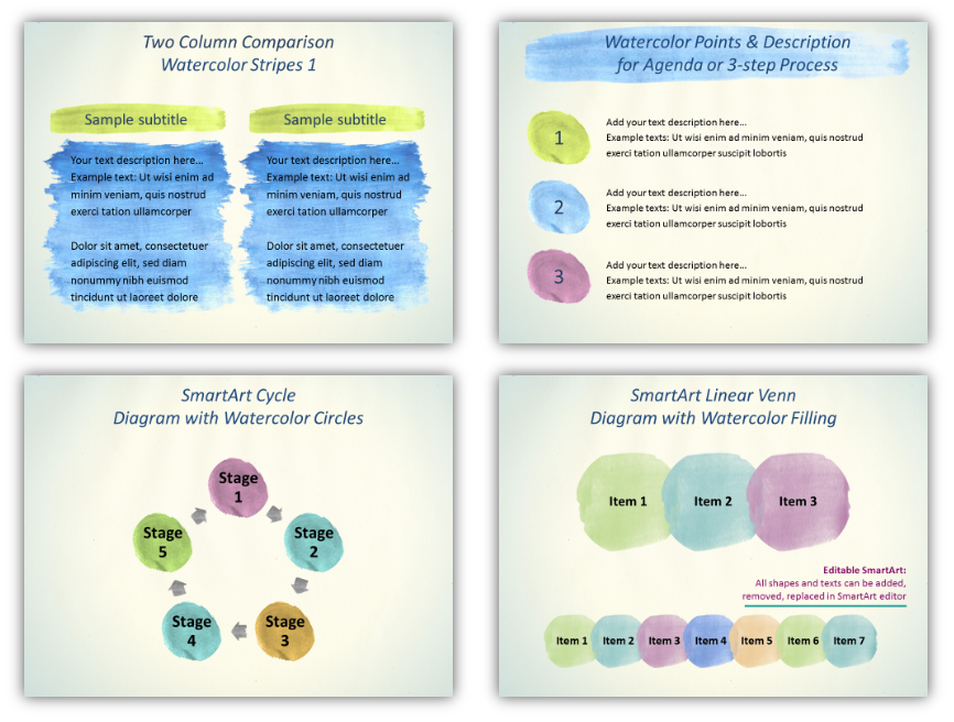 watercolor visuals powerpoint agenda title timeline venn cycle