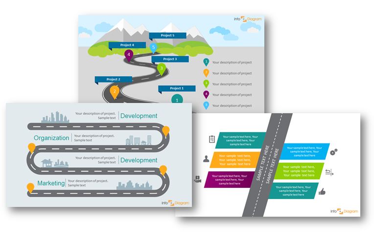 project plan timeline roadmap flat hills picture, skyline pathway departments roadmap, 6 stages roadmap flat infograhpics