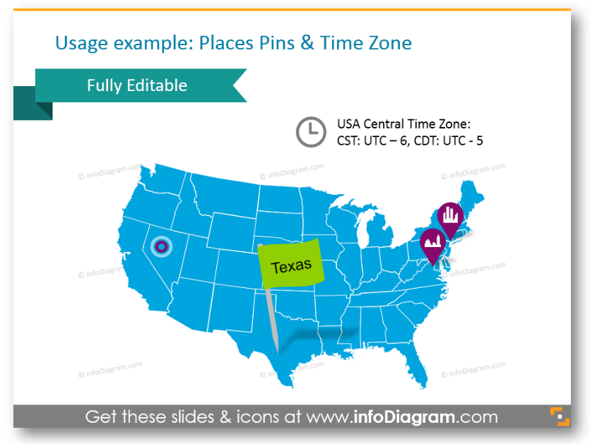 north america map template time zone place pin ppt