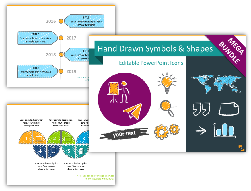 Hand Drawn Icons Diagram Shapes scribble ink charcoal watercolor style ppt