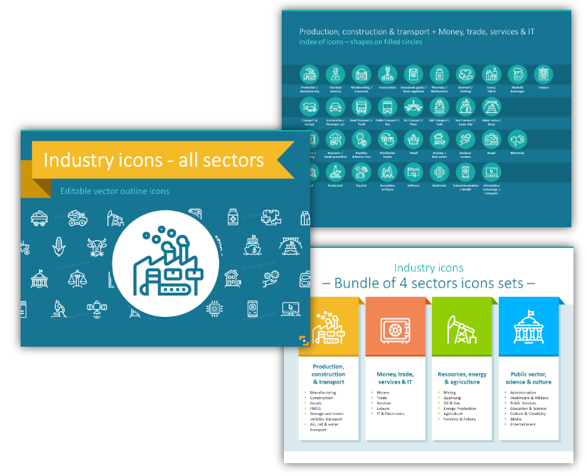 Industries Outline Icons production finance public services powerpoint