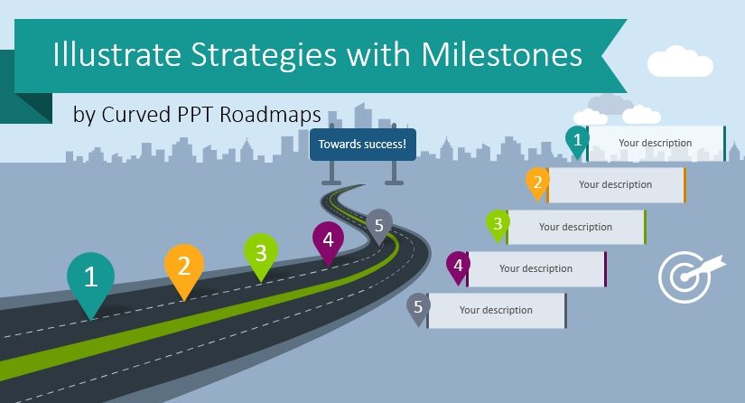 Illustrate Strategies with Milestones by Curved Roadmap PPT