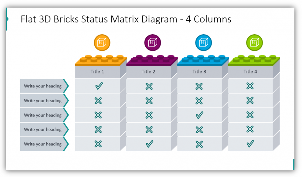 Flat 3D Bricks Status Matrix Diagram - 4 Columns