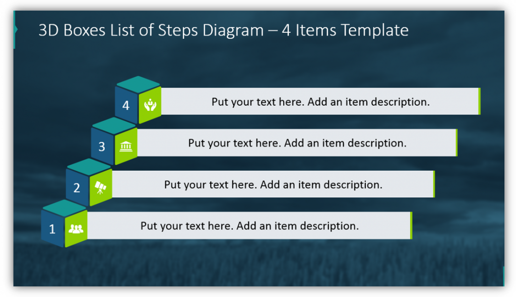 3D Boxes List of Steps Diagram – 4 Items Template