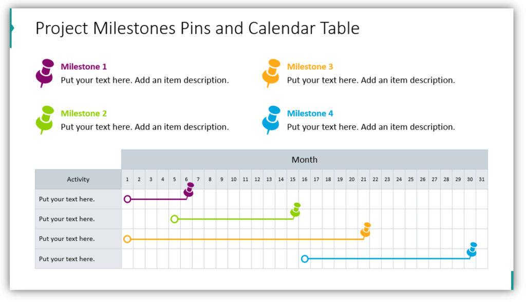 Project Milestones Pins and Calendar Table