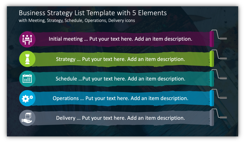 Business Strategy List Template with 5 Elementswith Meeting, Strategy, Schedule, Operations, Delivery icons