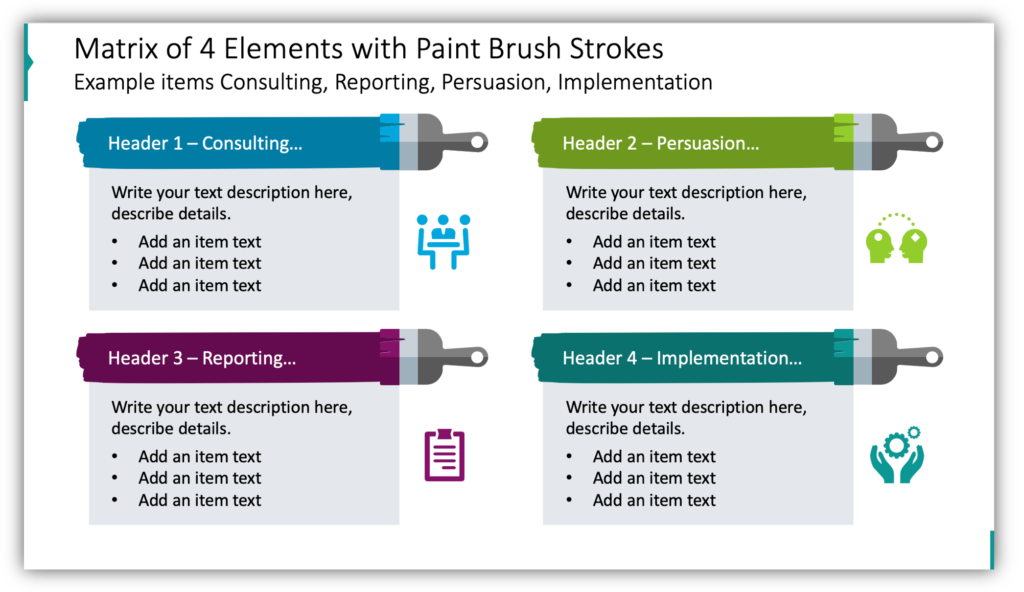 Matrix of 4 Elements with Paint Brush Strokes Example items Consulting, Reporting, Persuasion, Implementation