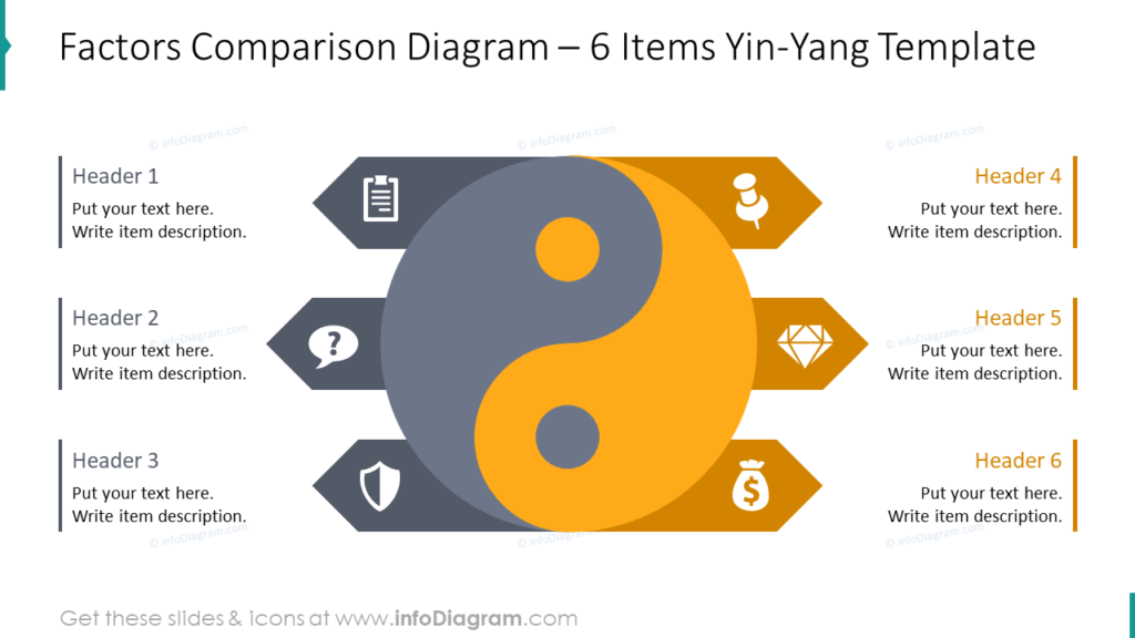 Factors Comparison Diagram – 6 Items Yin-Yang diagrams Template