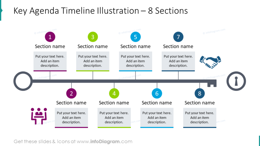 Key Agenda Timeline Illustration – 8 Sections