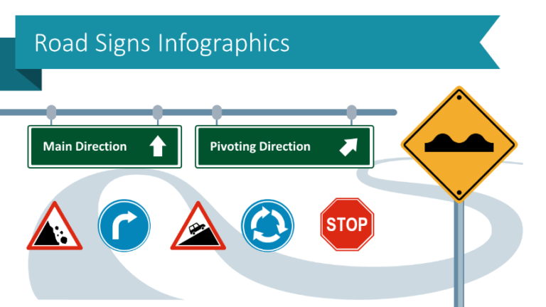 Use Road Sign Ppt Infographics To Show Strategies, Processes And Work 