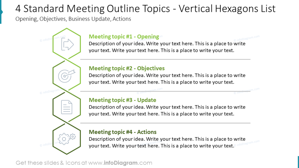 4 Standard Meeting Outline Topics - Vertical Hexagons List