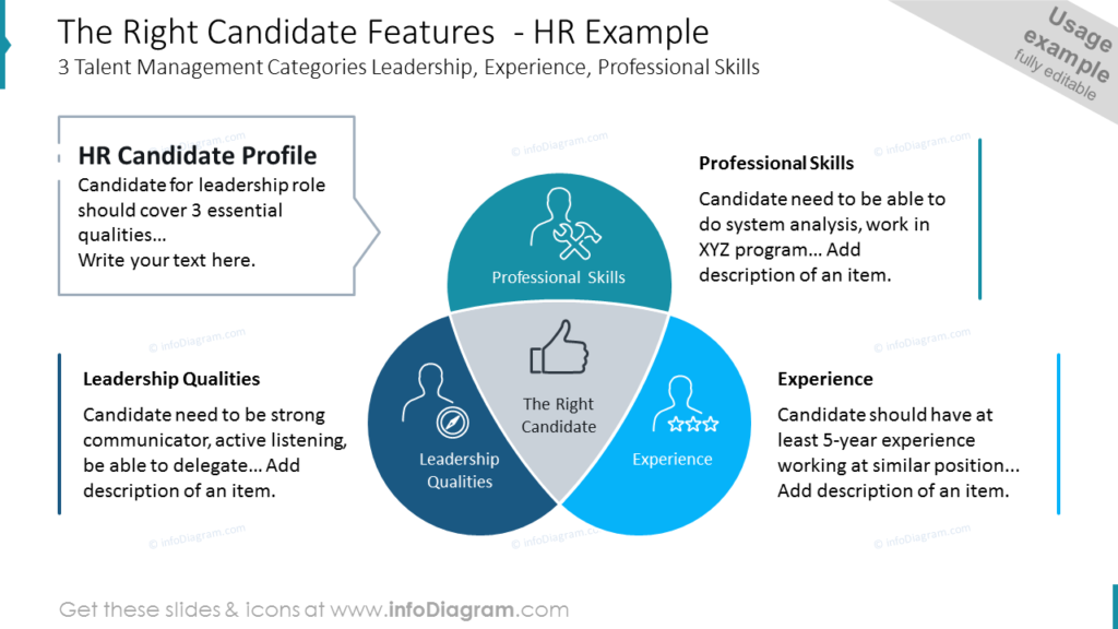 The Right Candidate Features - HR Example 3 Talent Management Categories Leadership, Experience, Professional Skills