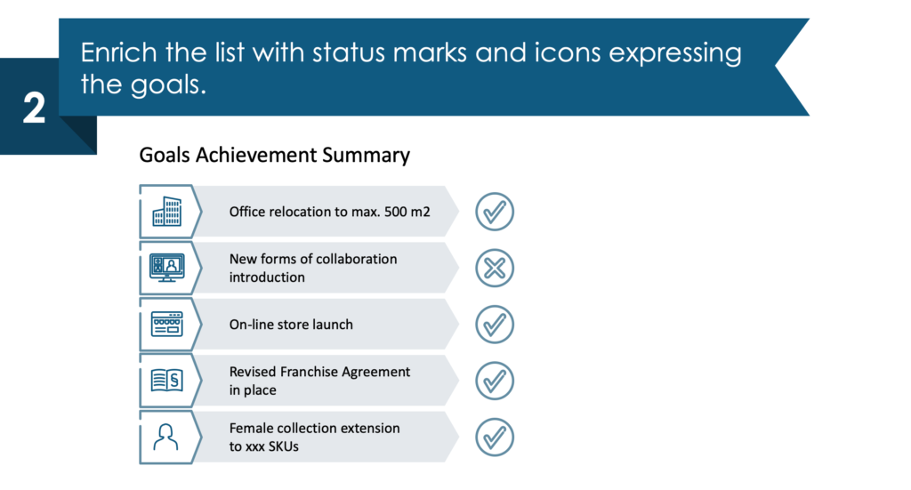 guide on creating Goals Achievement Summary slide second step