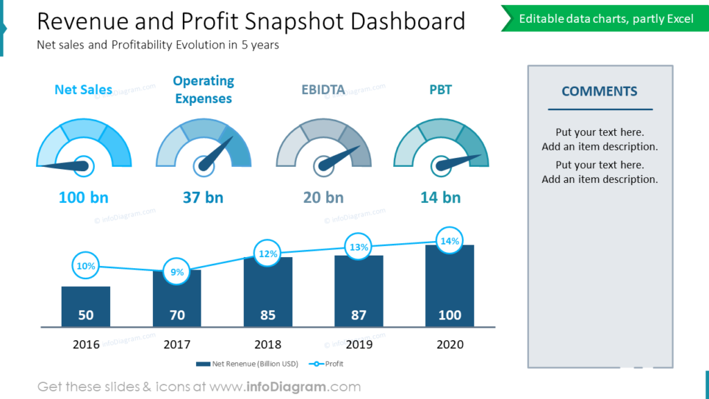 Revenue and Profit Snapshot Dashboard Net sales and Profitability Evolution in 5 years