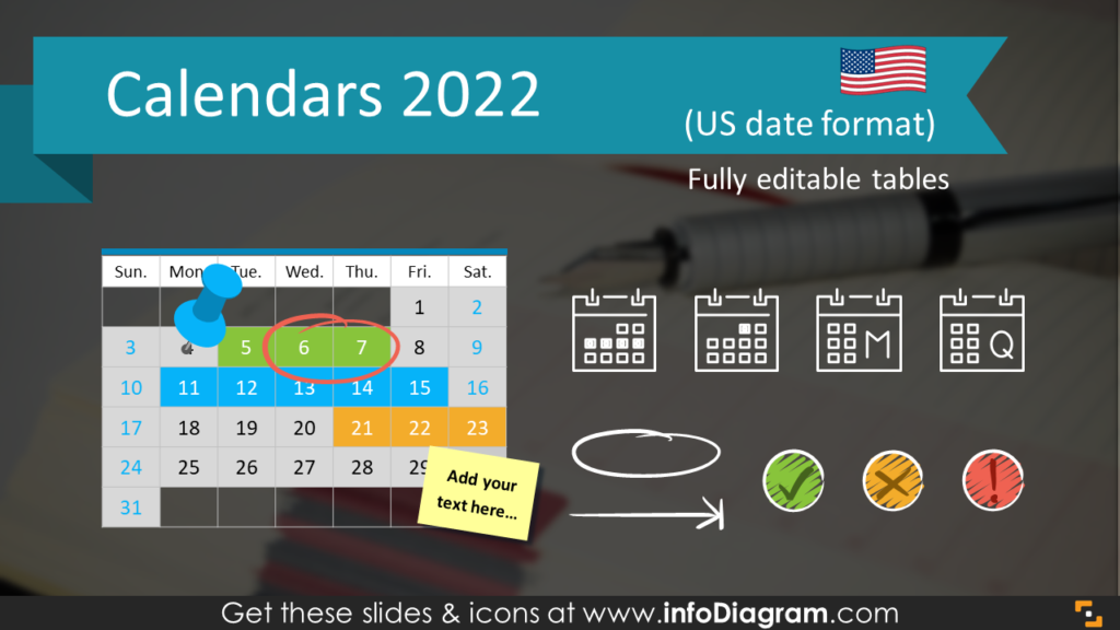 Calendars 2022 timelines graphics US format PPT tables and icons