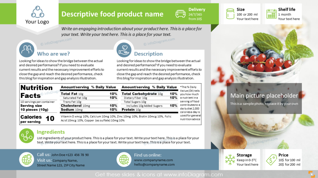 B2C Gastronomy Food Product Overview with Nutrition Facts food sell sheet