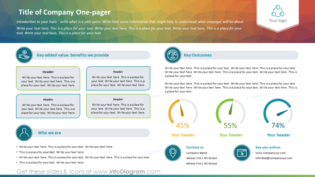 Company One-pager, 2 Columns Layout with Key added value, Outcomes, Contact