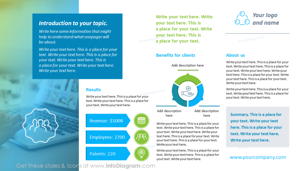 Company One-pager, 4 Columns Layout With Benefits Diagram, Summary Bottom line