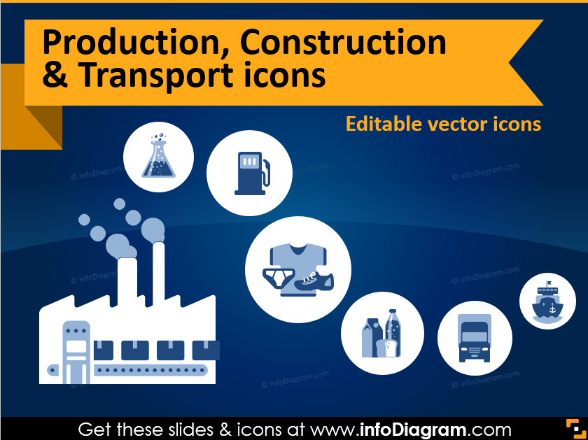 Production Overview Icon Industry Icons Overview: Production, Construction, Transport Sectors ...